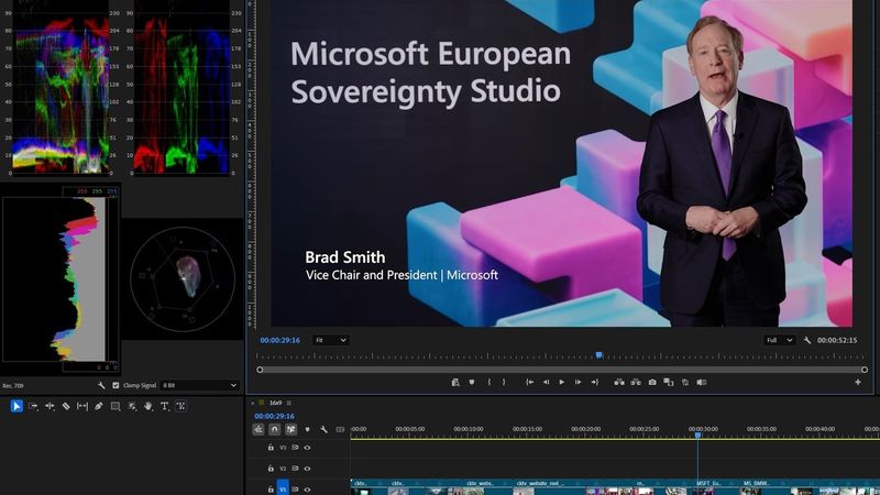 Schnittplatz mit Videoschnitt-Software, Farbwerkzeugen und Zeitleiste